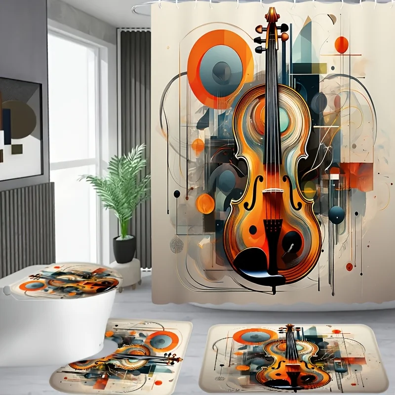 

4pcs, Abstract Violin Art Pattern Shower Curtain Set for Apartment Bathroom and Hotel with 12 Hooks, Includes Toilet Seat