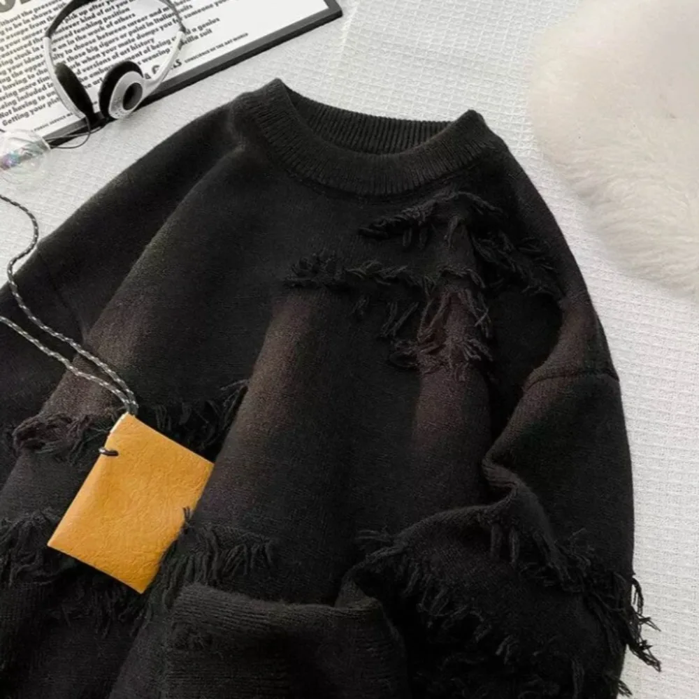 Męskie swetry z płaskiego splotu, z długim rękawem, z okrągłym dekoltem, pulowery z nadrukiem, luźne swetry codzienne, z lekkim rozciągiem, z dziurami, na zimę 2024. — zdjęcie 5