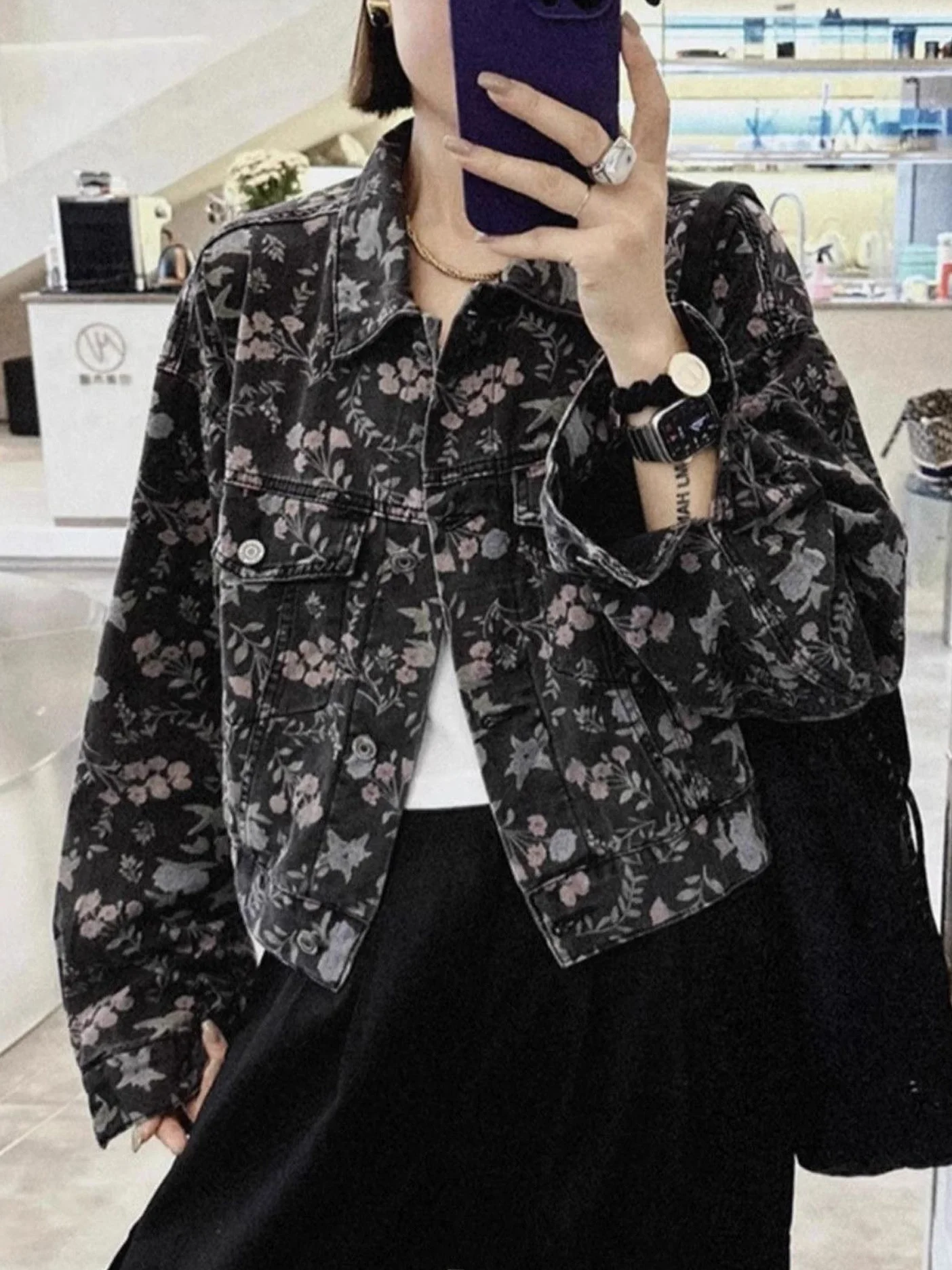 Retro American Lazy Style Short Printed Denim Jacket Women's Slim Fit Autumn New Fashion Outerwear  Collar Long Sleeve