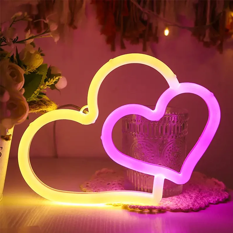 LED Neon Double Heart Shape Night Light Creative Bedroom Decoration Light, Double Sided Lighting Mini Colorful Light