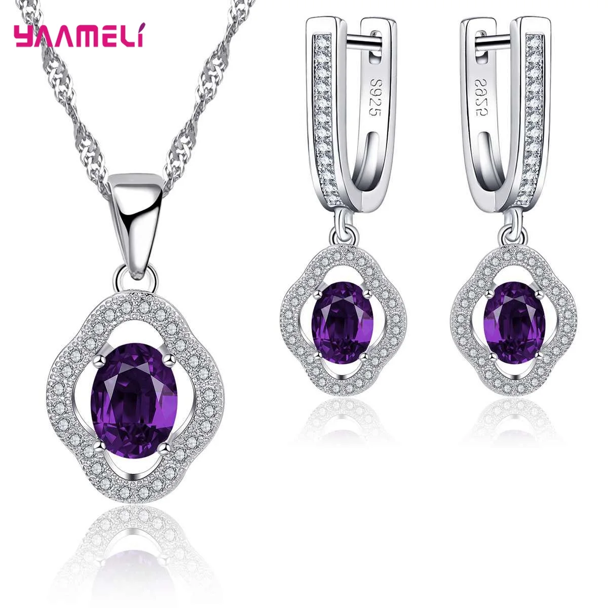 Real Sterling Silver 925 Luxury Jewelry Sets Shining Clear Cubic Zircon Flower Pendant Necklace Earrings Chain Party Accessories