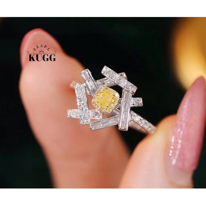 KUGG 100% 18K White Gold Rings Real Natural Yellow Diamond Engagement Ring for Women Fashion INS Style High Wedding Jewelry