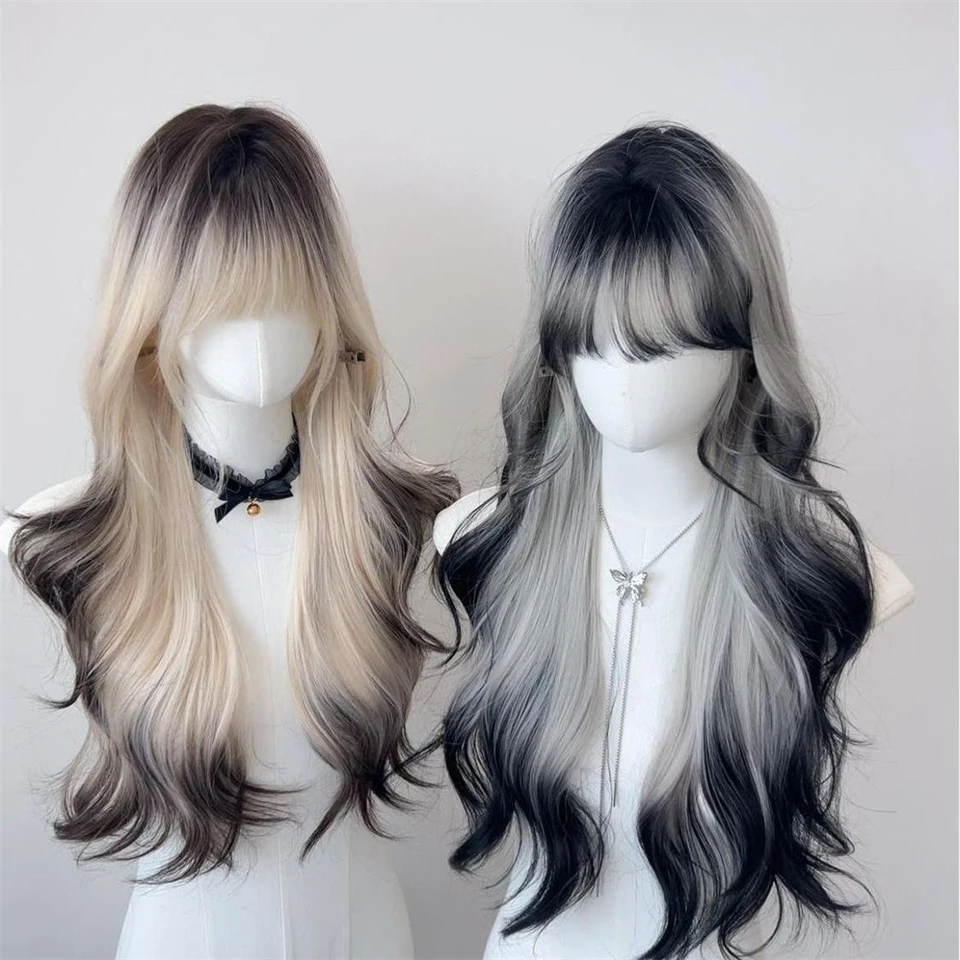 OLACARE Long Curly Wavy Synthetic Brown Black Omber Wigs with Bangs Cosplay Hairs Wig for Women Daily Natural Heat Resistant