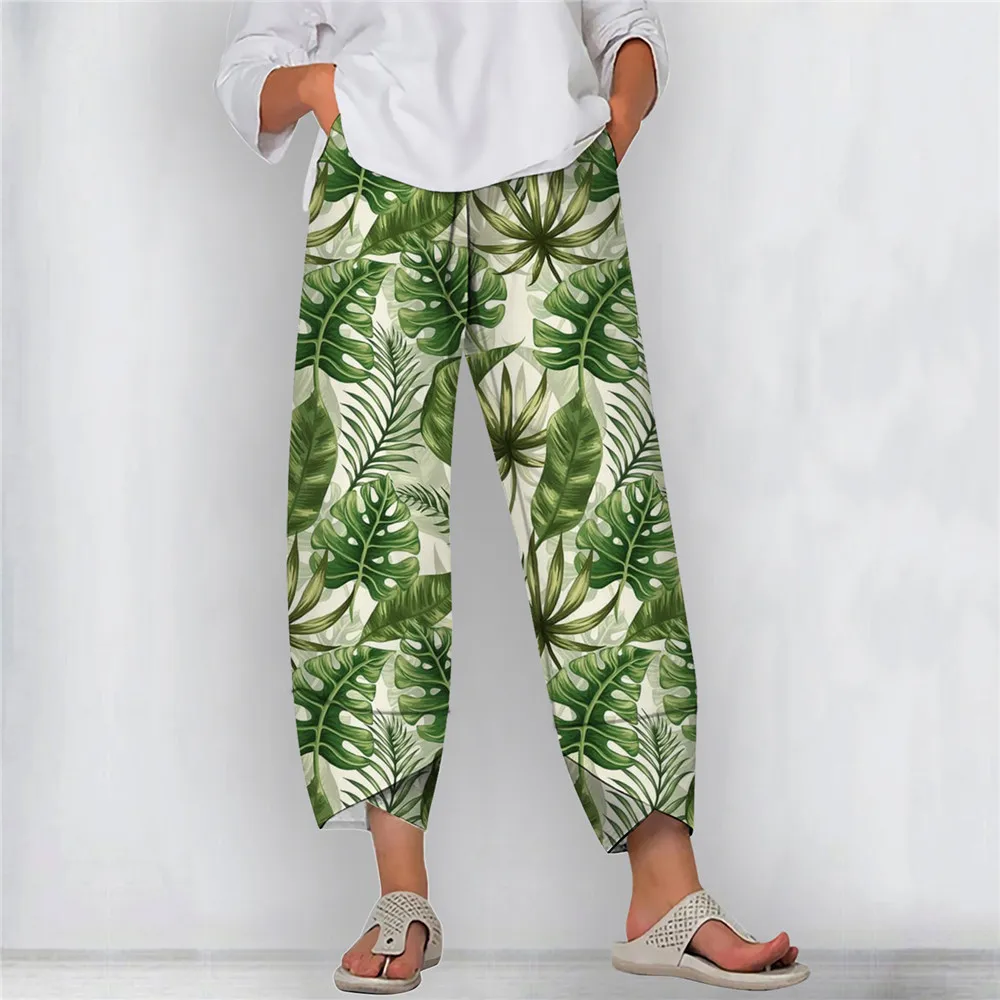 CLOOCL Baggy Pants Women Green Leaves Printing Loose Casual Trousers Elastic Waist and Ankle Split Design Wide Leg Pants