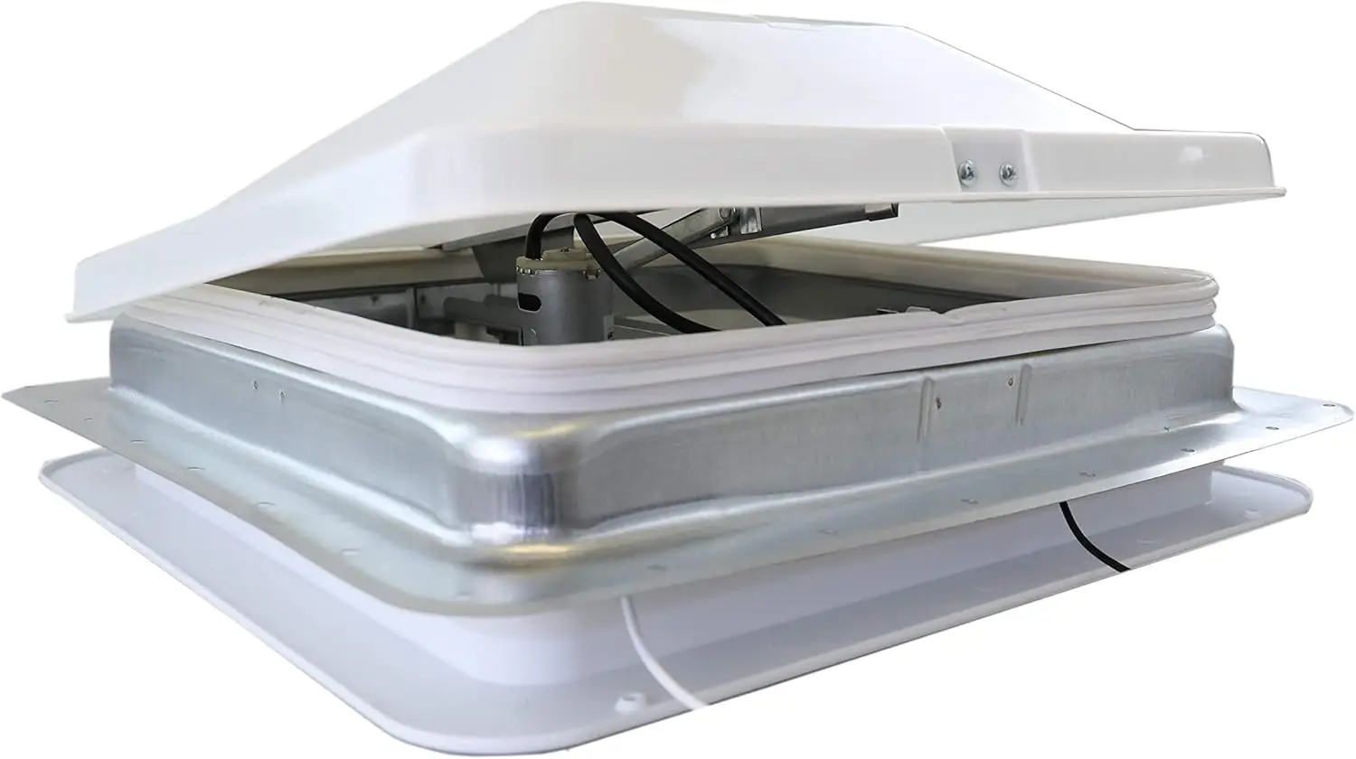 

14" RV Roof Vent with 12V Powered Fan, White Wedge Lid & Trim Ring for Easy Installation