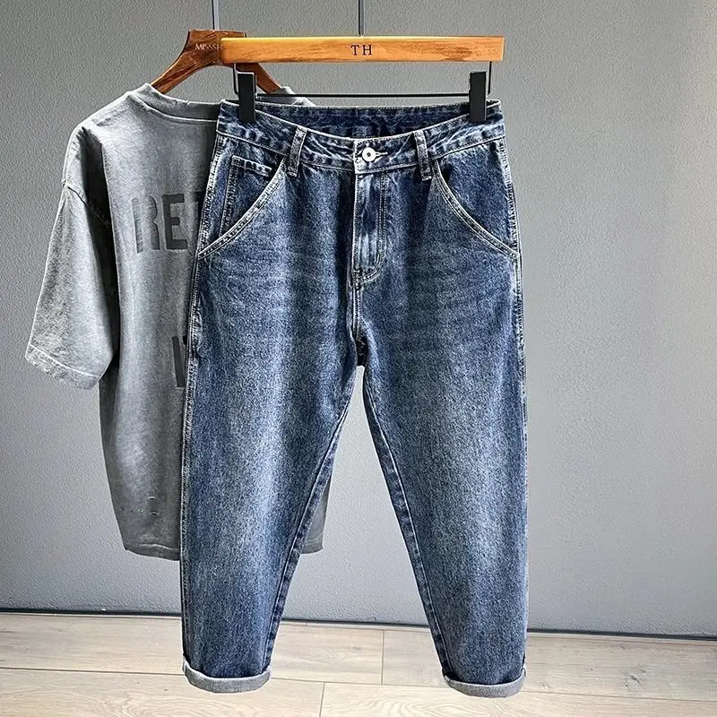 Retro Washed Men's Jeans Loose Large Size Spring Summer New Style Carrot Cone Dad Nine Points Harem Pants Youth Trend Wear Re...