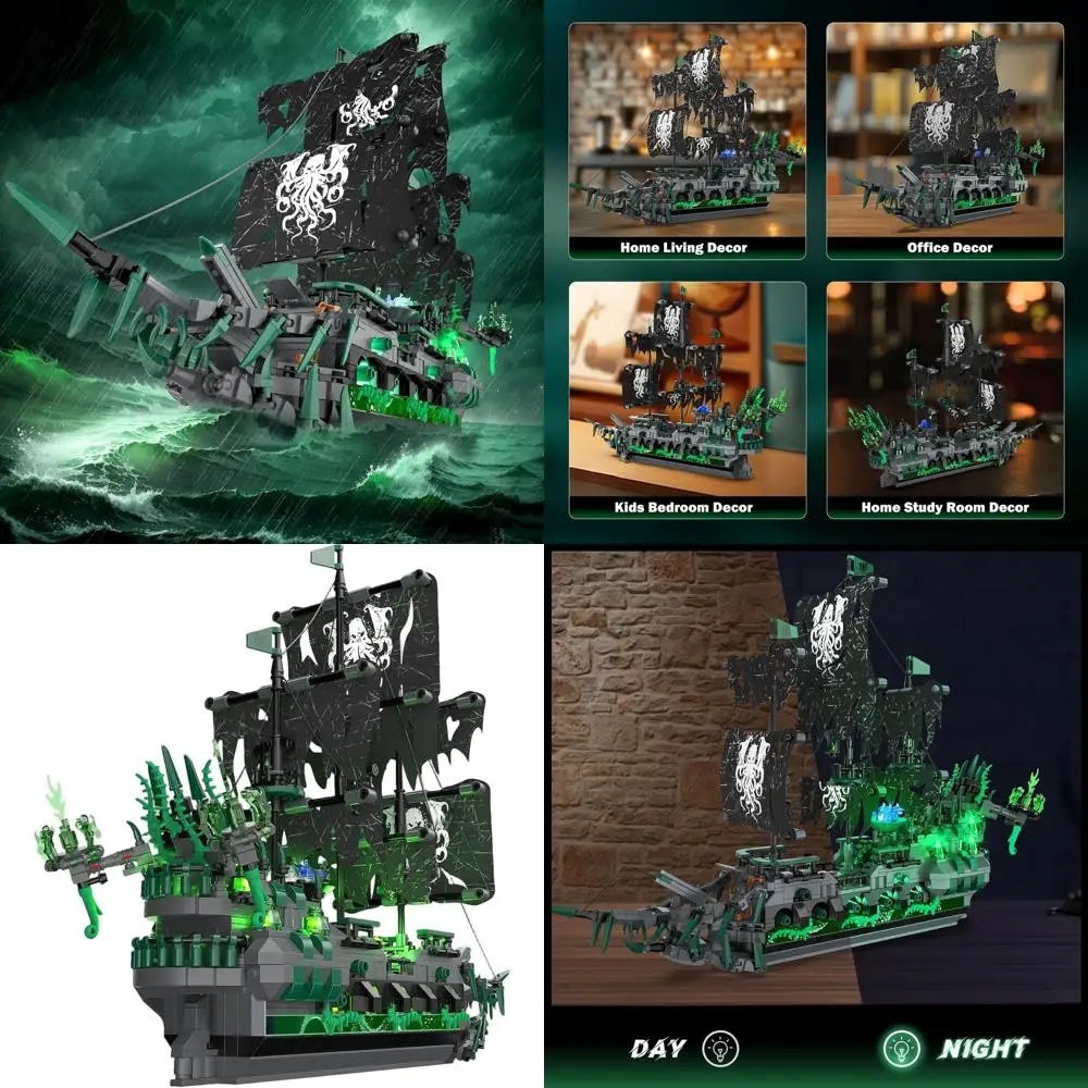 LED照明付き海賊船モデルキット、幽霊船フライングダッチマン、イースター用帆船おもちゃ、14歳以上、1100ピース