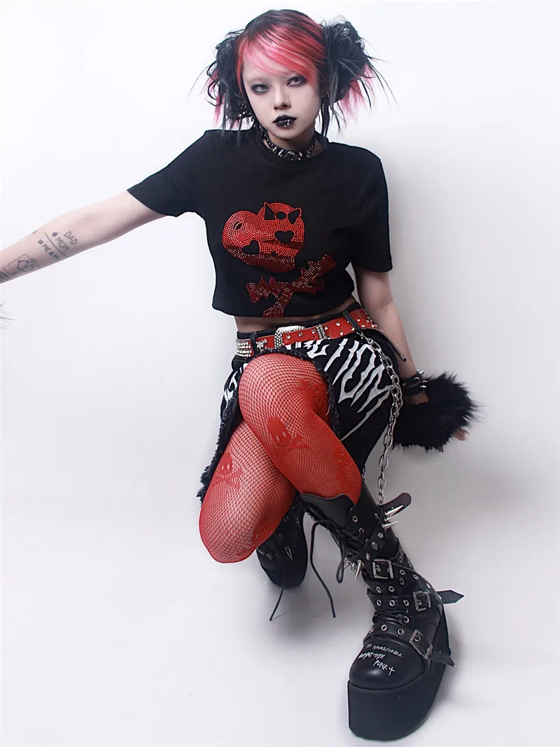 Harajuku Punk Rock damskie seksowne pończochy gotyckie czerwone czaszki koronkowe pończochy kabaretki rajstopy elegancka, w stylu Streetwear