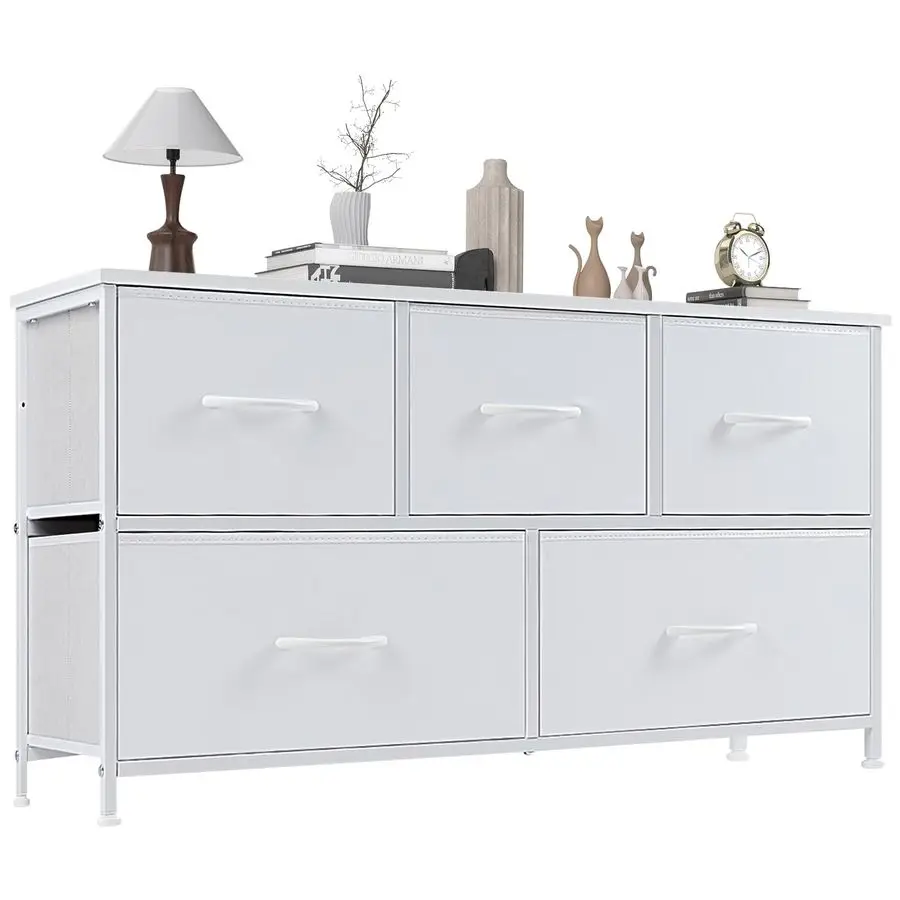 

Комод-тумба с 5 ящиками, классический белый, с деревянной столешницей, металлическим каркасом и тканевыми органайзерами для хранения, для спальни, гостиной, прихожей, широкий