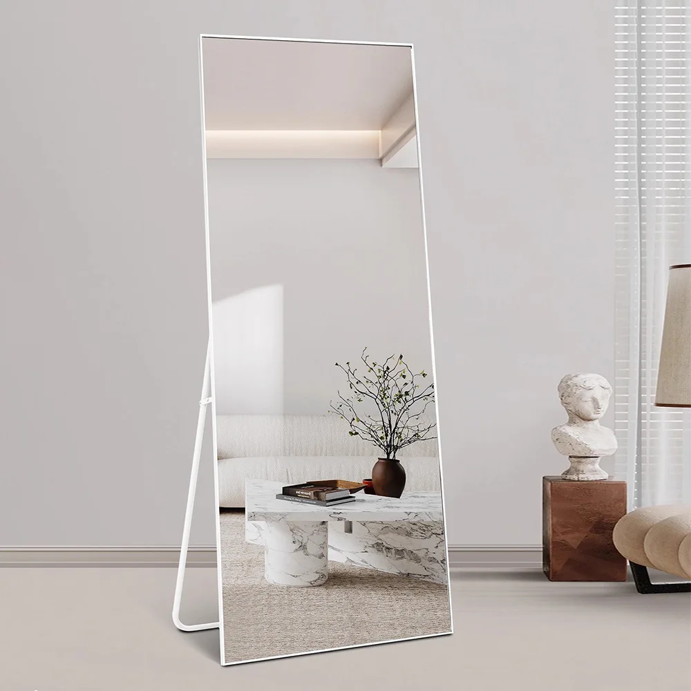 Full Body Custom Dressing Mirror Simple White Cream Style Floor Mirror with Bracket Wall Mounted Large Mirror