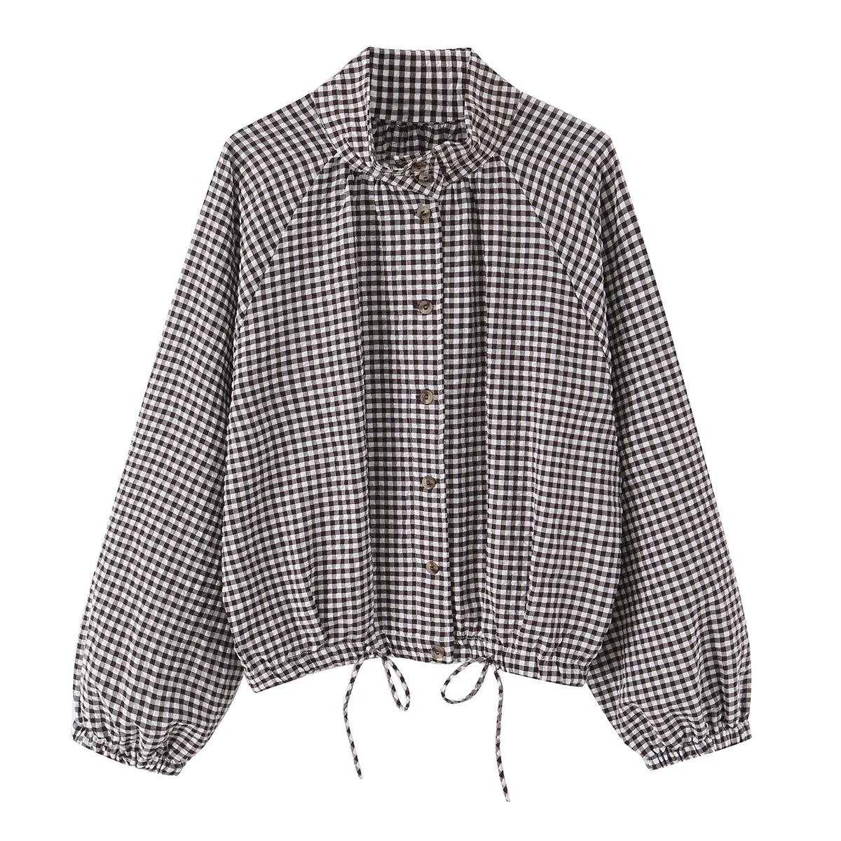 BSAY New Ladies Cropped Gingham Plaid Outerwear Stand Collar Long Puff Sleeve Button Up Drawstring Hem Casual Loose Check Jacket