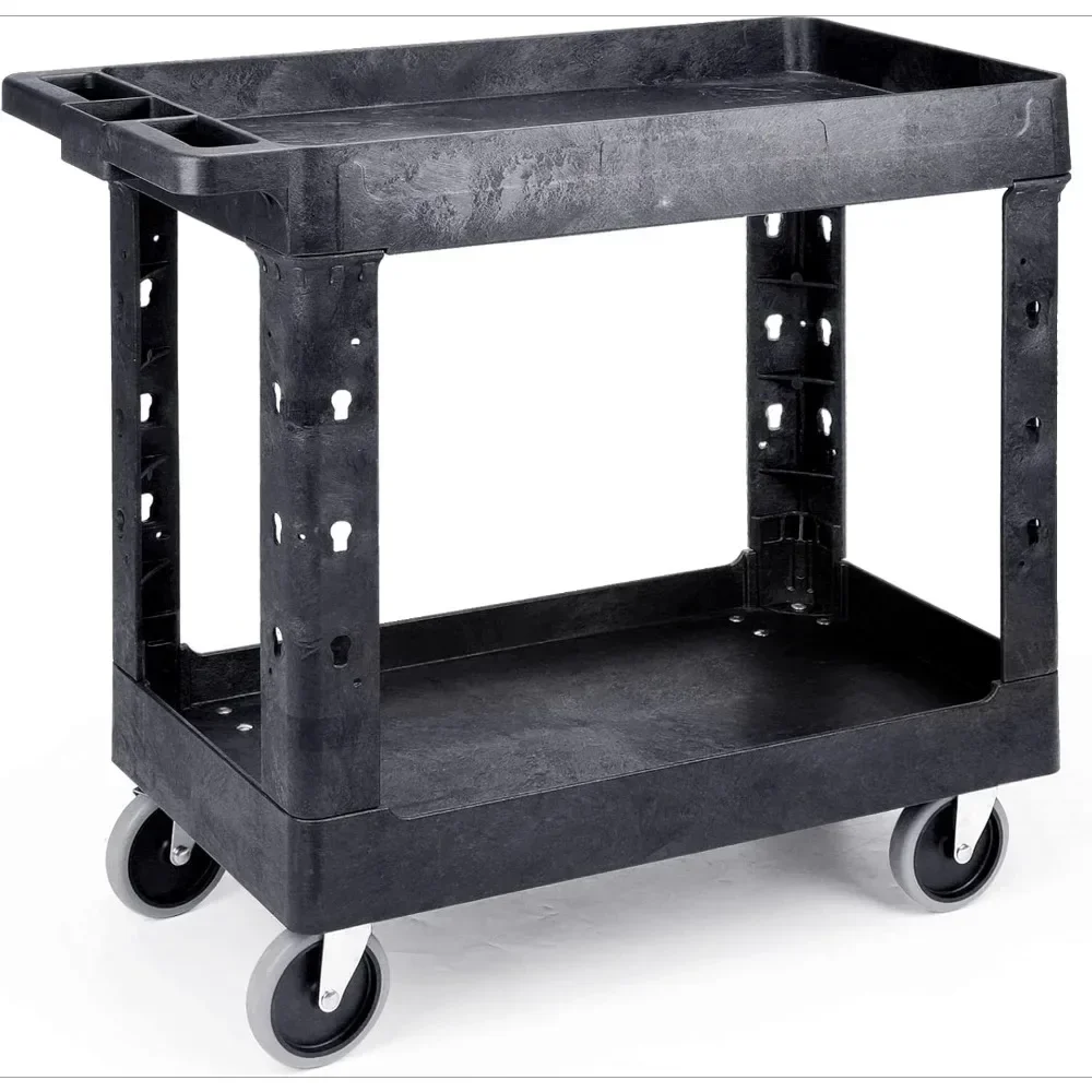 

Heavy-duty plastic utility vehicle 34 x 17 inches with deep shelves and full rotating wheels can safely hold 550 pounds