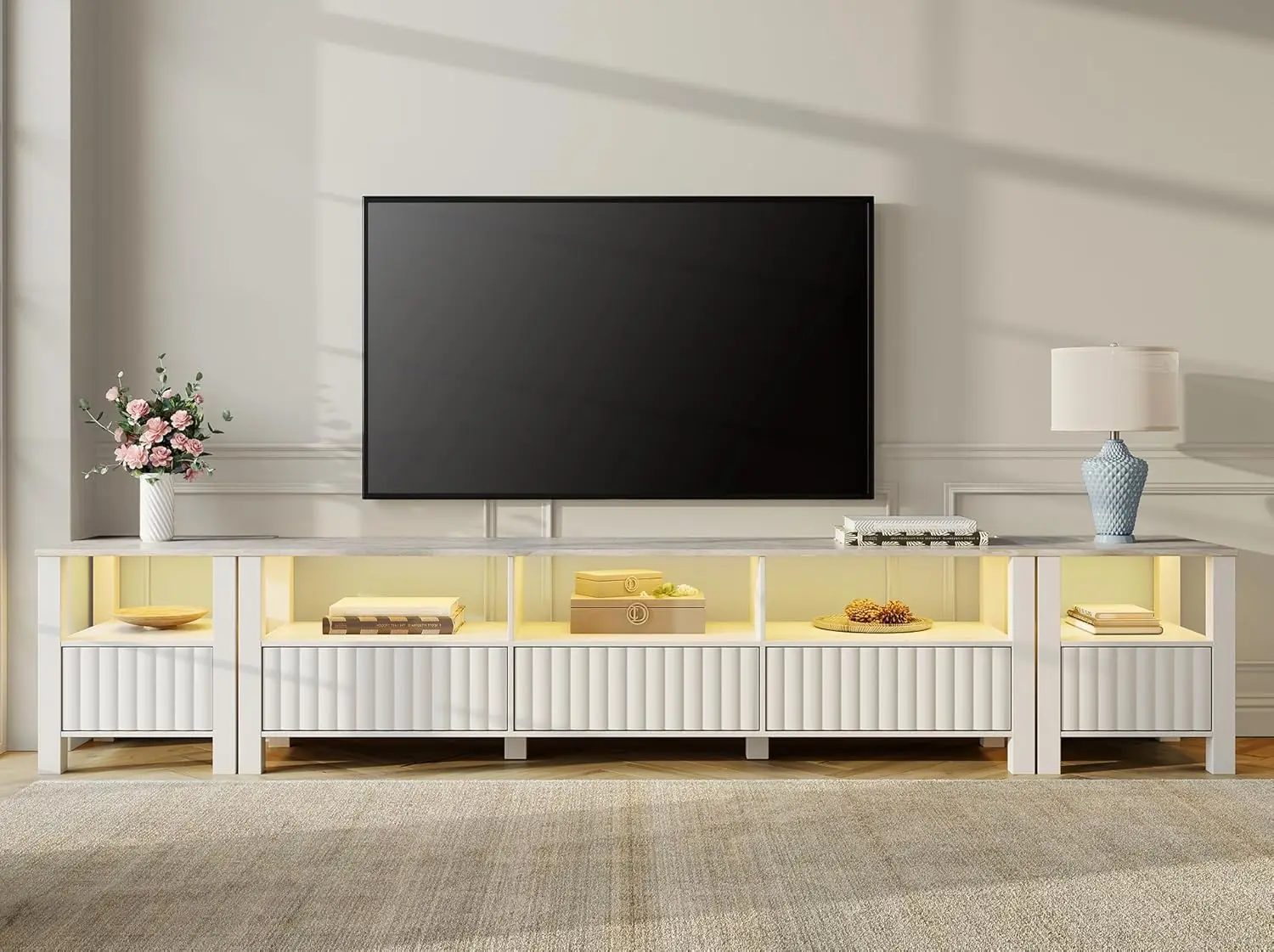 

3-In-1 Tv Stand With Yellow Led Light, Modern Tv Entertainment Center For Up To 110 H Tv, Wood Tv Console Table With Storage