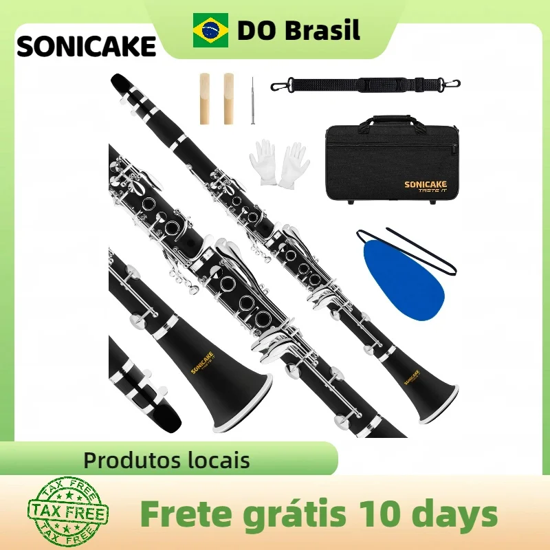 Clarinete SONICAKE Bb com 17 Chaves, Instrumento Musical de Sopro em Madeira, Niquelado/Prateado com Bolsa Rígida e Acessórios de Limpeza