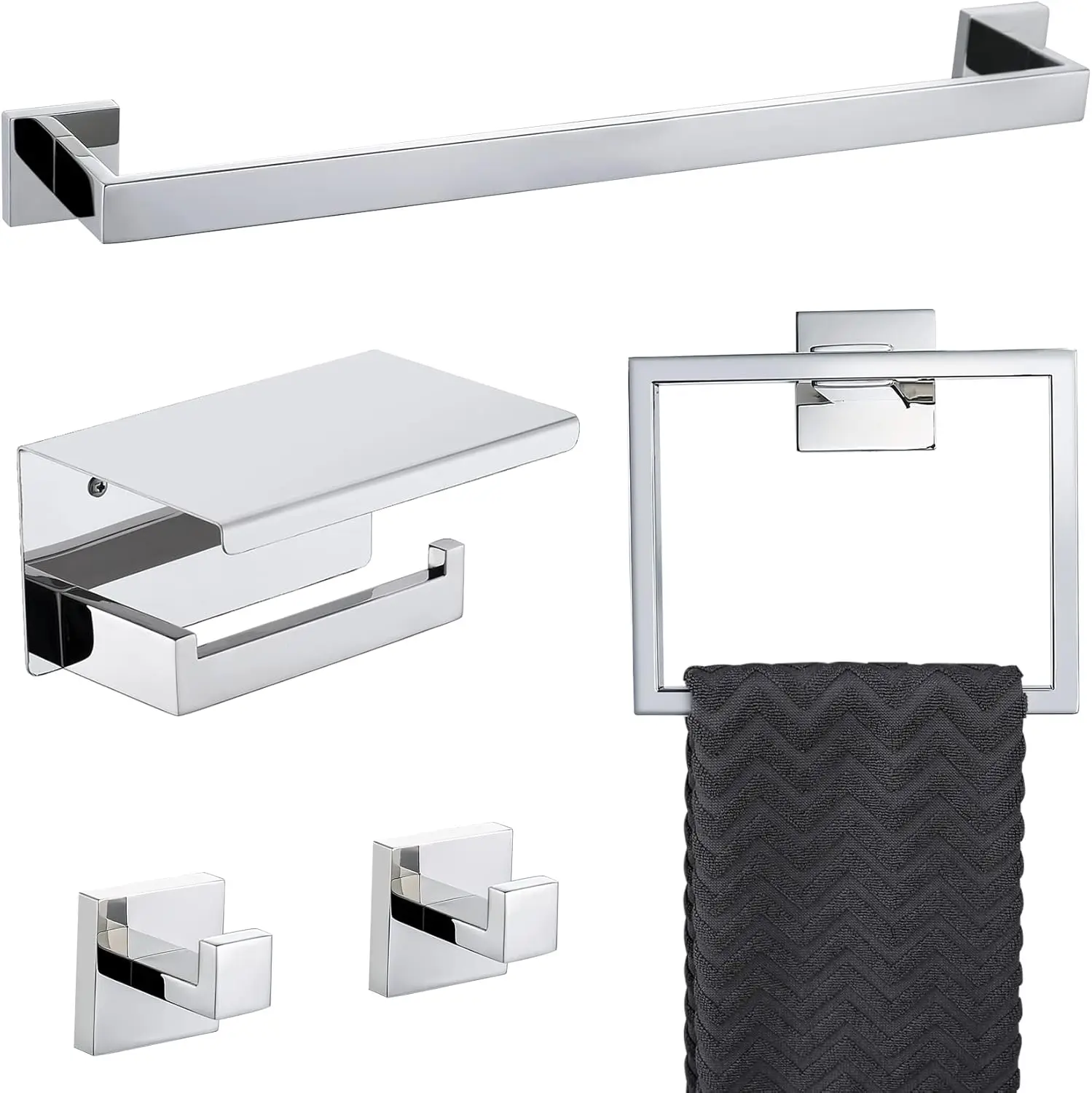 

Polished Chrome Bathroom Towel Bar Set with Shelf, Toilet Paper Holder, 23.6 Inch 5-Piece Hardware Accessories