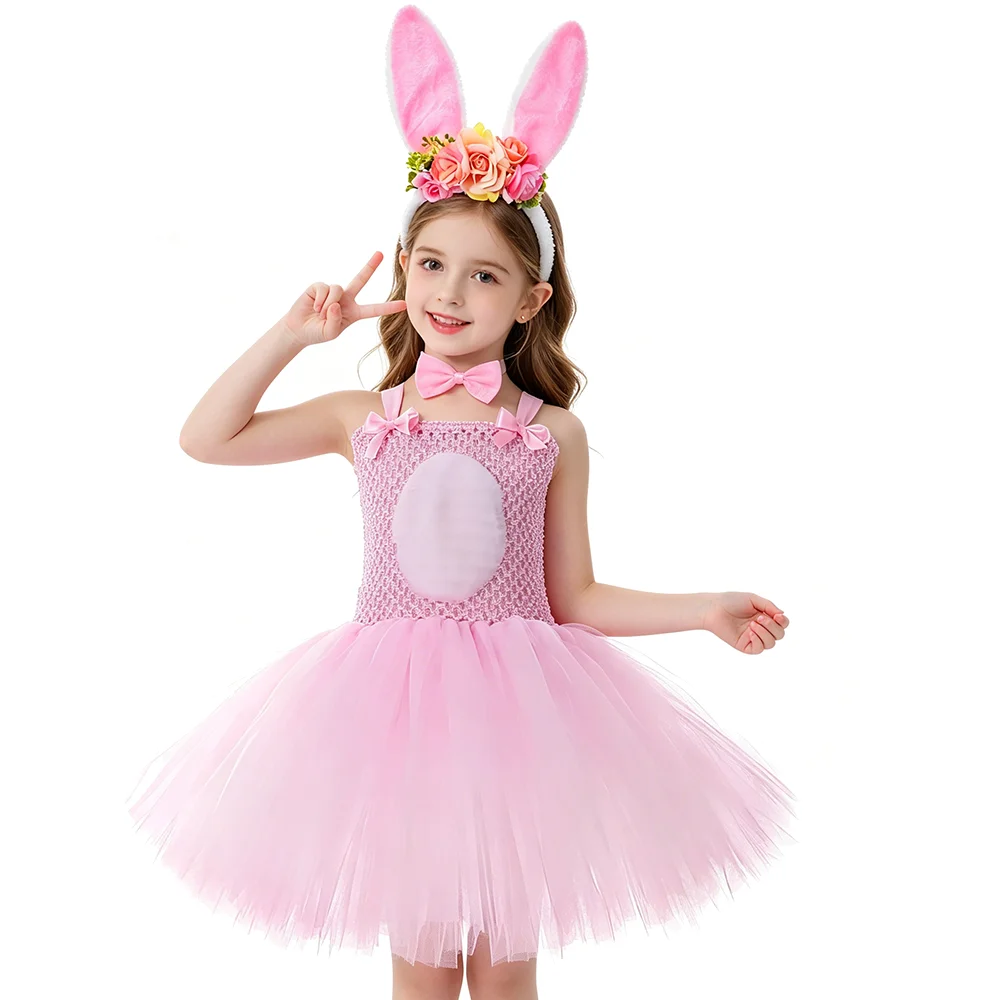 Baby Girls Pink Easter Bunny Costumes Rabbit Ballet Tutu Dress with Ears Bowtie Tail Kids Cute Animal Outfit for Holiday Party