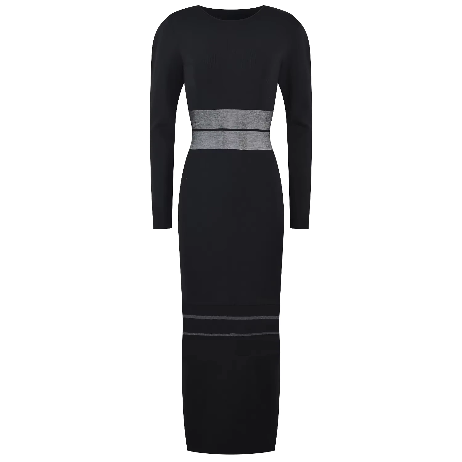 

Women Classic Black Long Sheather Mesh Patchwork Dress O-neck See-through Knitted Quality Party Dresses