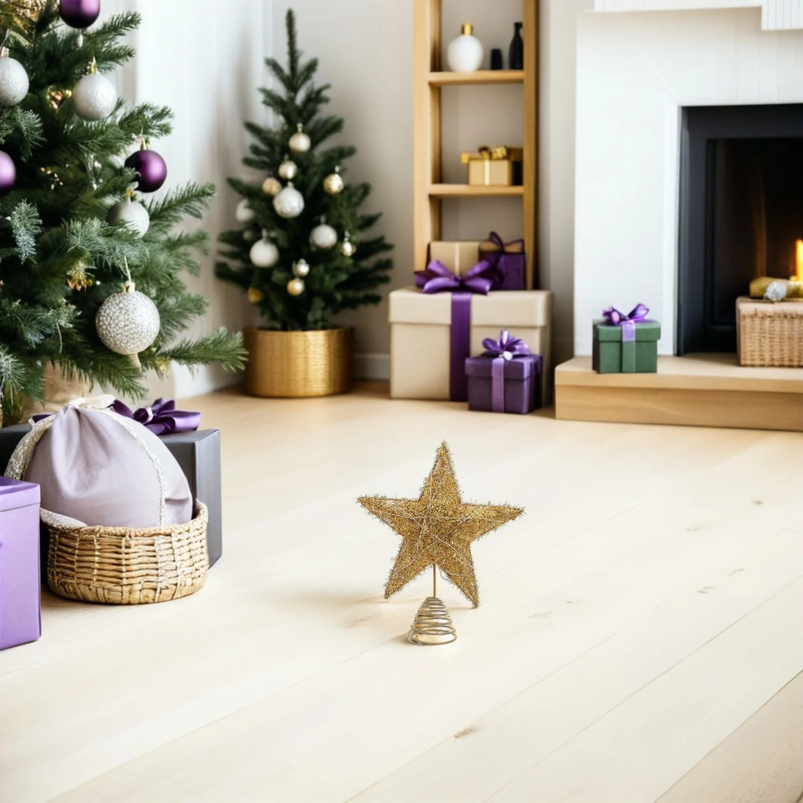 

Golden Christmas Tree Star Topper 20 Warm LED Lights Spring Base Holiday Decoration Xmas Party Ornament Warm Light Tree Topper