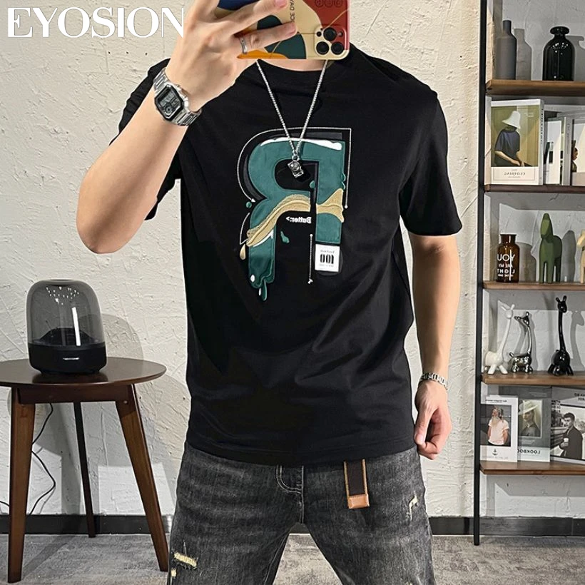 Summer Men‘s T-shirt with Letter Print Cotton Vintage Loose Soft Tshirt Basic Tops Short Sleeve T Shirt Male Tees 5XL