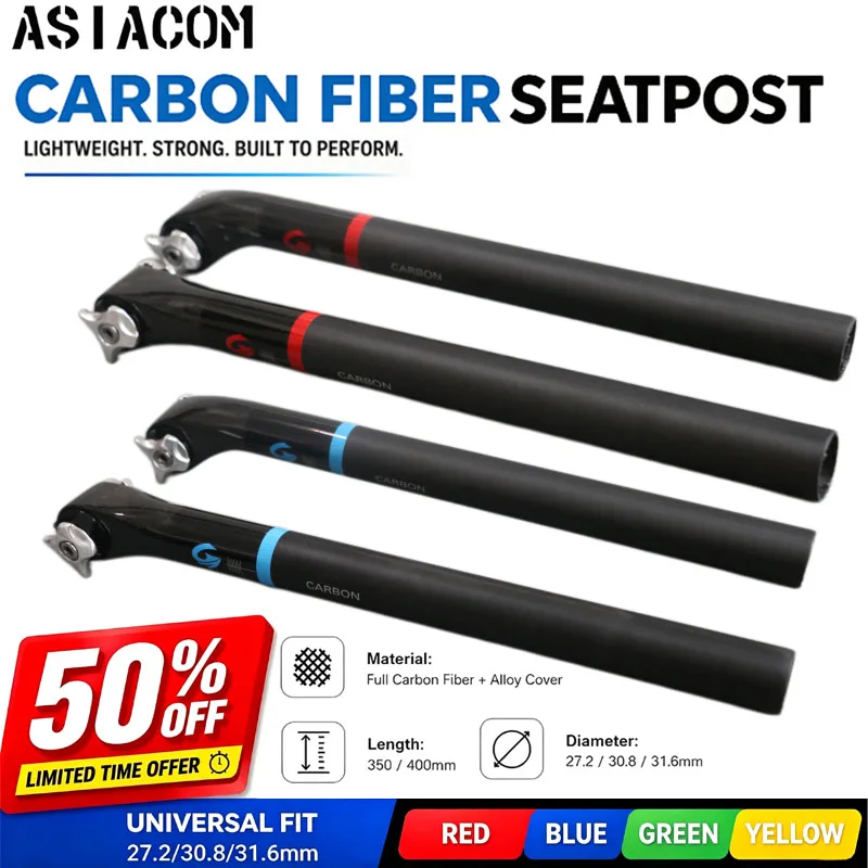 ASIACOM Full Carbon Round‑Head Clamp Seatpost 5°/20° Offset 27.2/30.8/31.6mm Road MTB Bicycle Saddle Pole Cycling Parts