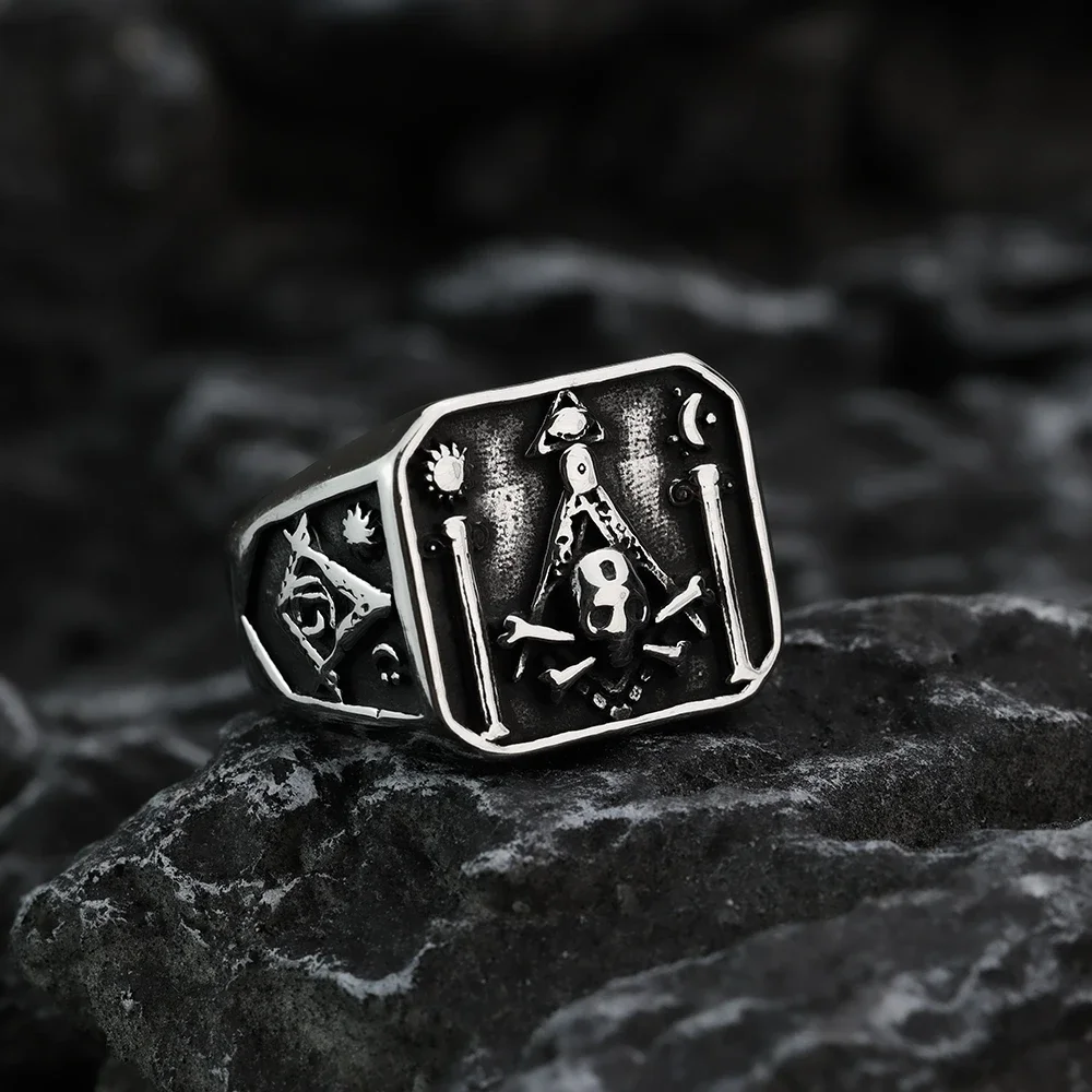 European and American style retro personality domineering Masonic men\'s ring skull punk trendy stainless steel jewelry
