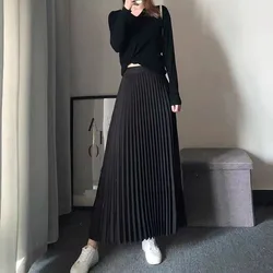 TFETTERS 11 Colour Pleated Maxi Skirt 2025 New Women Korean Black Skirt Simple High Waist Slim Long Skirts for Women Clothing