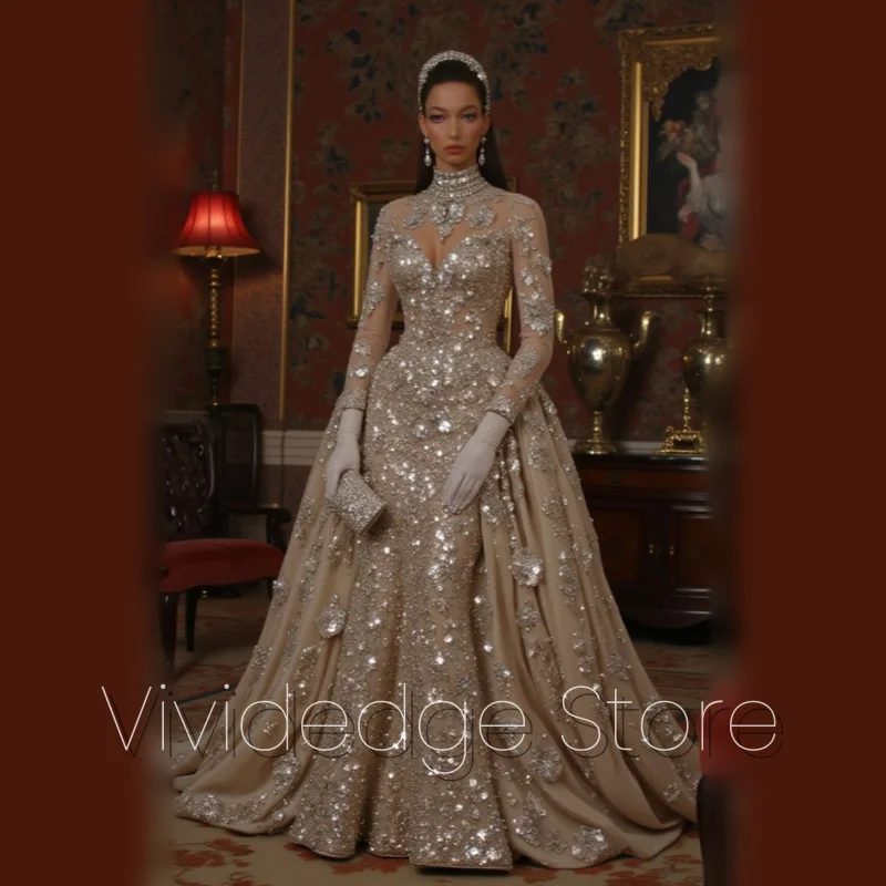 

Sparkling Luxury Vintage Bridal Gowns Middle East High Neck Tulle Diamonds Long Sleeve Crystal Trailing Bridal Gowns Customized