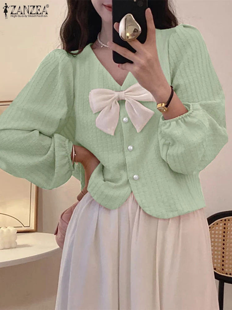 

ZANZEA 2025 Spring Buttons Top Fashion Bowtie Stitching Blouse Vintage Long Puff Sleeve Blusa Sexy V-neck Colorblock Short Tunic