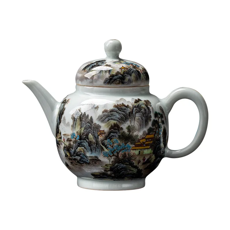 Ceramic teapot, handmade high-end enamel color hand-painted landscape Qiushan Leju picture bubble teapot