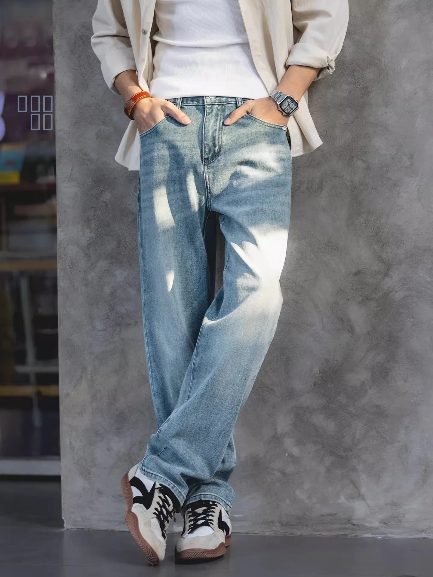

Loose Fit Men's Retro American Style Elastic Denim Jeans Spring Autumn Straight Leg Casual Long Trousers Cleanfit Series