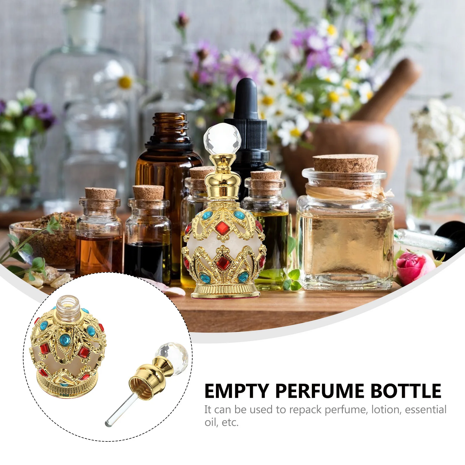

15Ml Golden Spherical Perfume Bottle Retro Refillable Glass Holder Diamond Inlaid Empty Container for Travel Home Decor