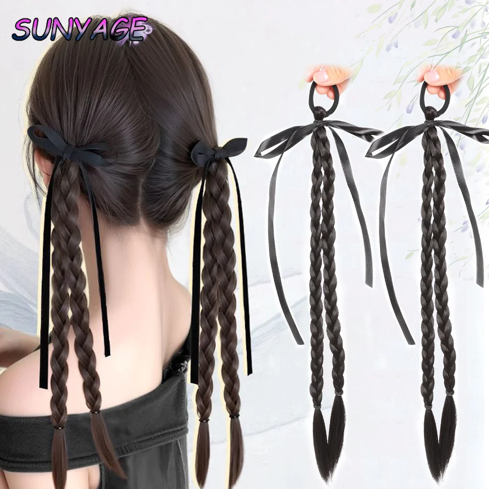 

SUNYAGE синтетические плетеные косы для наращивания волос с конским хвостом, черный натуральный парик, длинный хвост, повязка для волос, резинка, женский парик