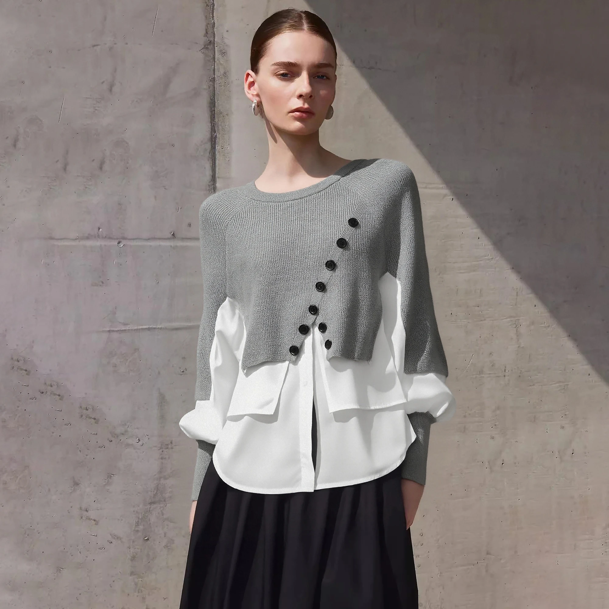 CHCH Women's New Autumn Fashion Splicing Design Ladies Long Sleeve Hoodie Irregular Hemline Design Elegant Female Causal Blouses