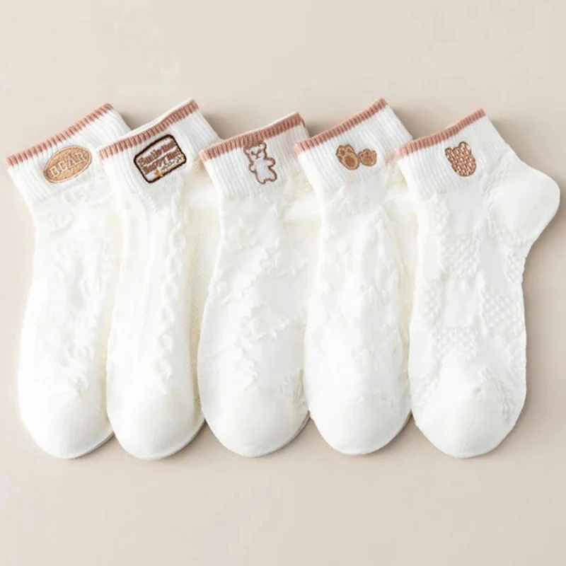 calcetines mujer calcetines tobilleros mujer cortos Calcetines cortos de corte bajo para mujer, medias tobilleras con dibujos animados, de algodón suave y transpirable, con estampado fino blanco, lote de 5 pares