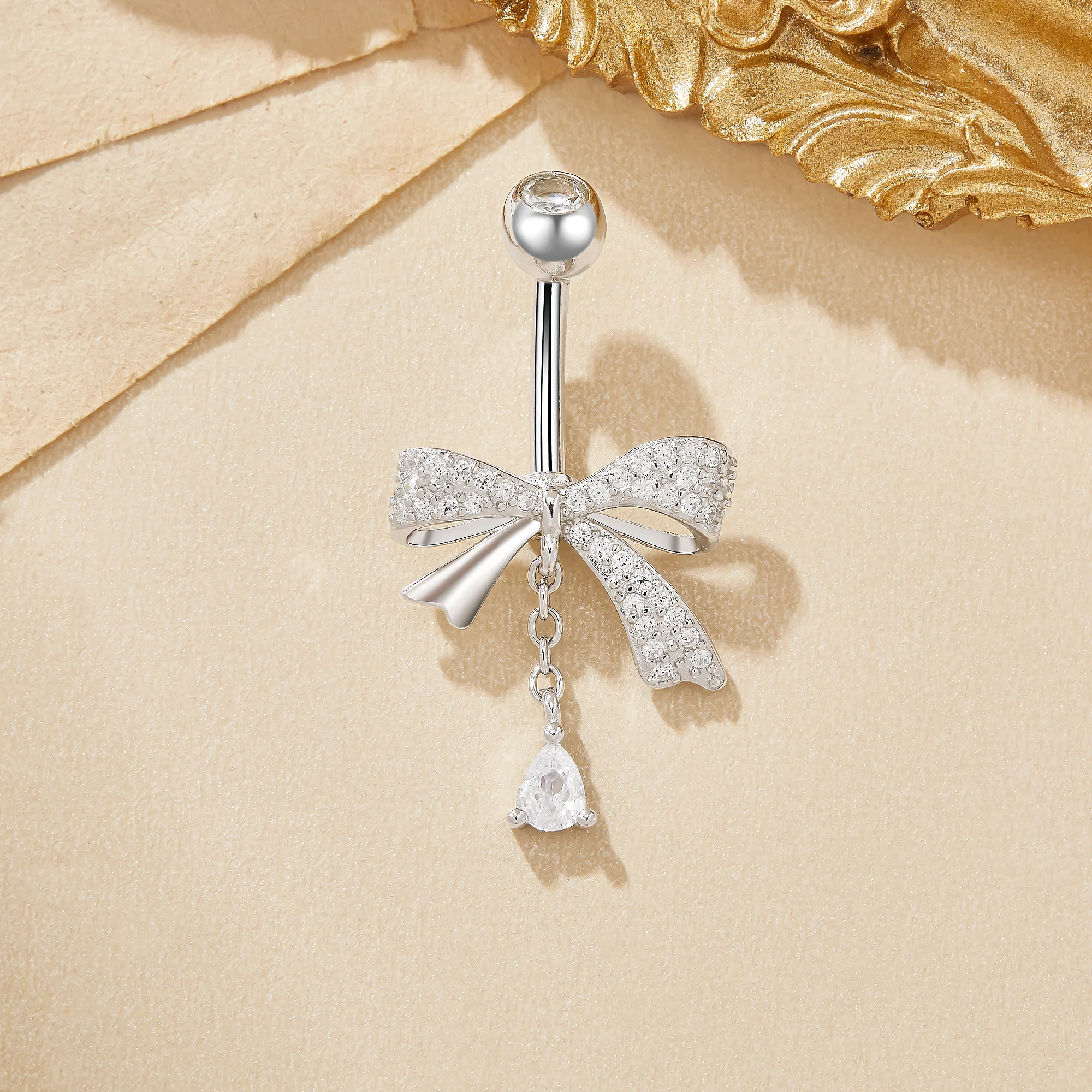 

Bowknot White CZ Stone Solid 925 Sterling Silver Belly Button Ring Belly Piercing Navel Bar Curved Barbell Navel Ring 6730006