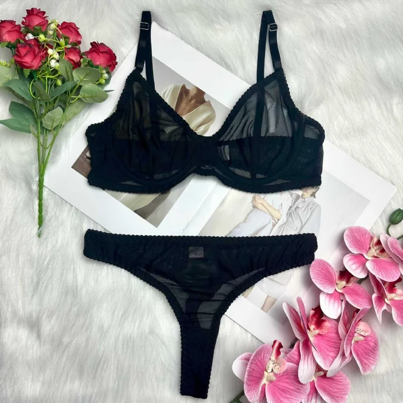

Women Sexy Bra & Brief Sets Ultrathin Mesh Transparent Garter Bras Thong Suit Two-Piece Of Erotic Underwear Night Club Wear