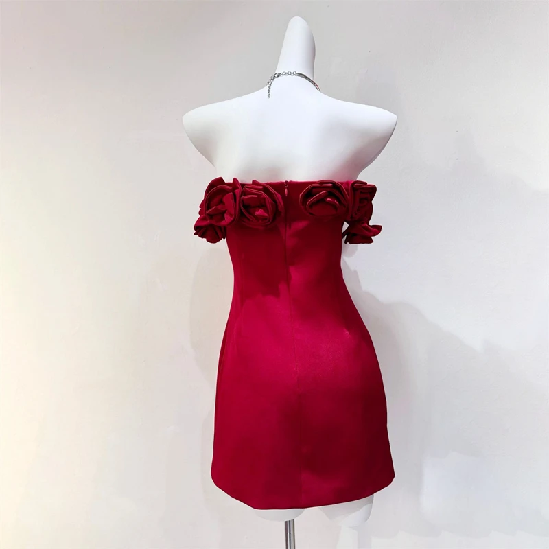 Summer New Arrival Pure Hand-Sewed Rose Dress Shoulder Tight Waist Sexy A- Line Short Dress Red Black Women\'s Clothing Dress