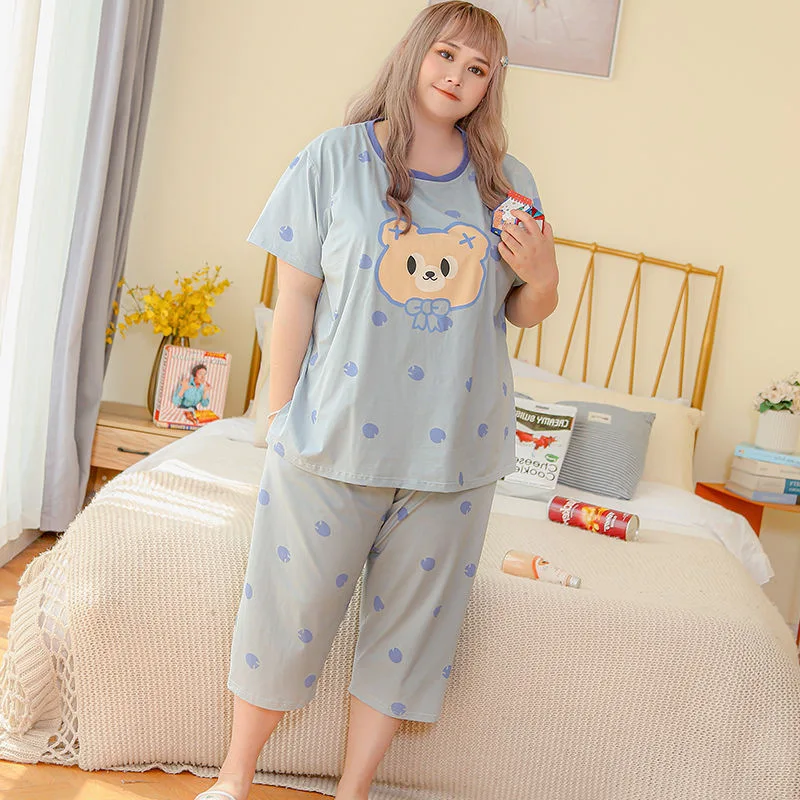 150kg Extra Large Size Loose Pajama Set Women Summer Belly Cover Comfortable Loungewear Short Sleeve Sleepwear Tops Cropped Pant