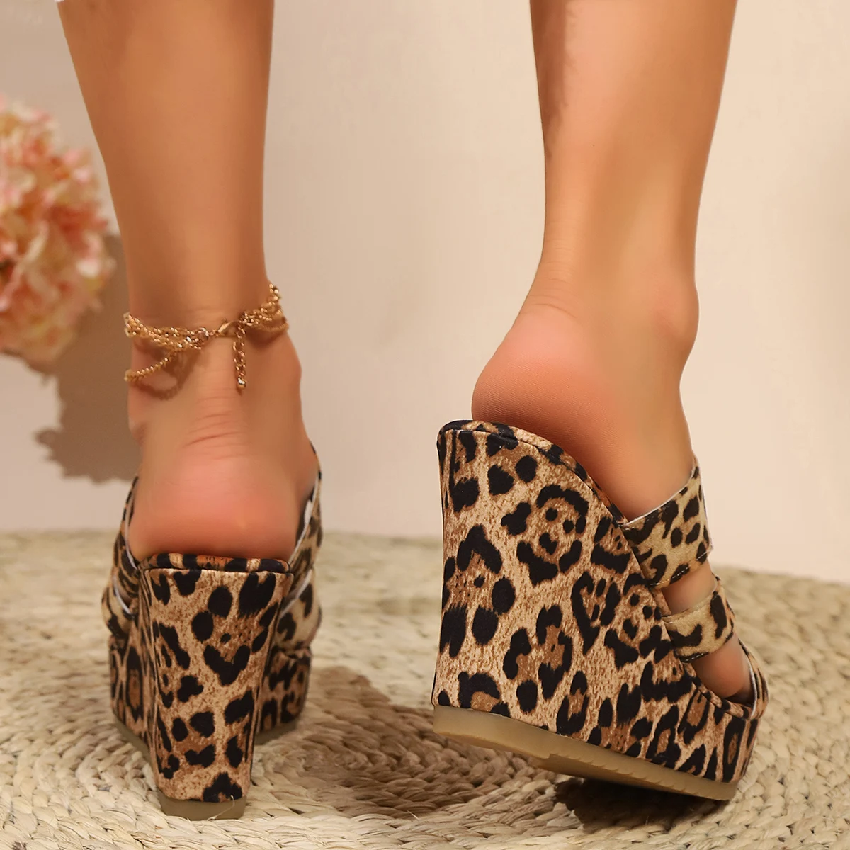 Leopard Print Wedge Heel Sandals for Women 2024 Summer Beach Thick Sole Slippers Woman Plus Size Chunky Platform Sandalias Mujer