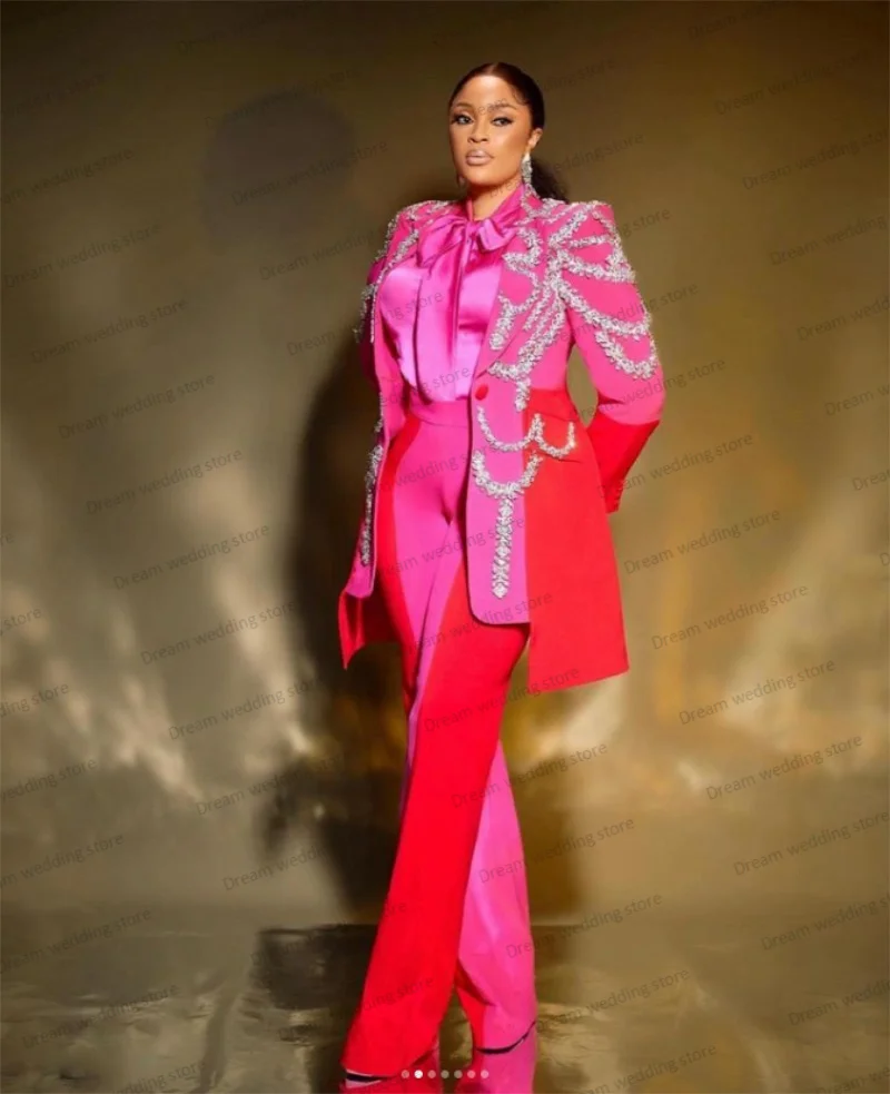 Pink And Red Women Suit Set 2 Piece Crystal Jacket+Pants Mother of Wedding Guest Prom Dress Custom Made Luxury Blazer Coat