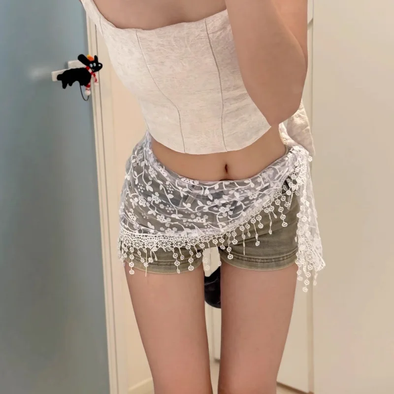 Pañuelo Coreano con Ribete de Encaje, Cinturón Multifuncional con Flecos, Bandana Triangular, Pañuelo Blanco para la Cabeza, Accesorio para Falda Vaquera Estilo Francés