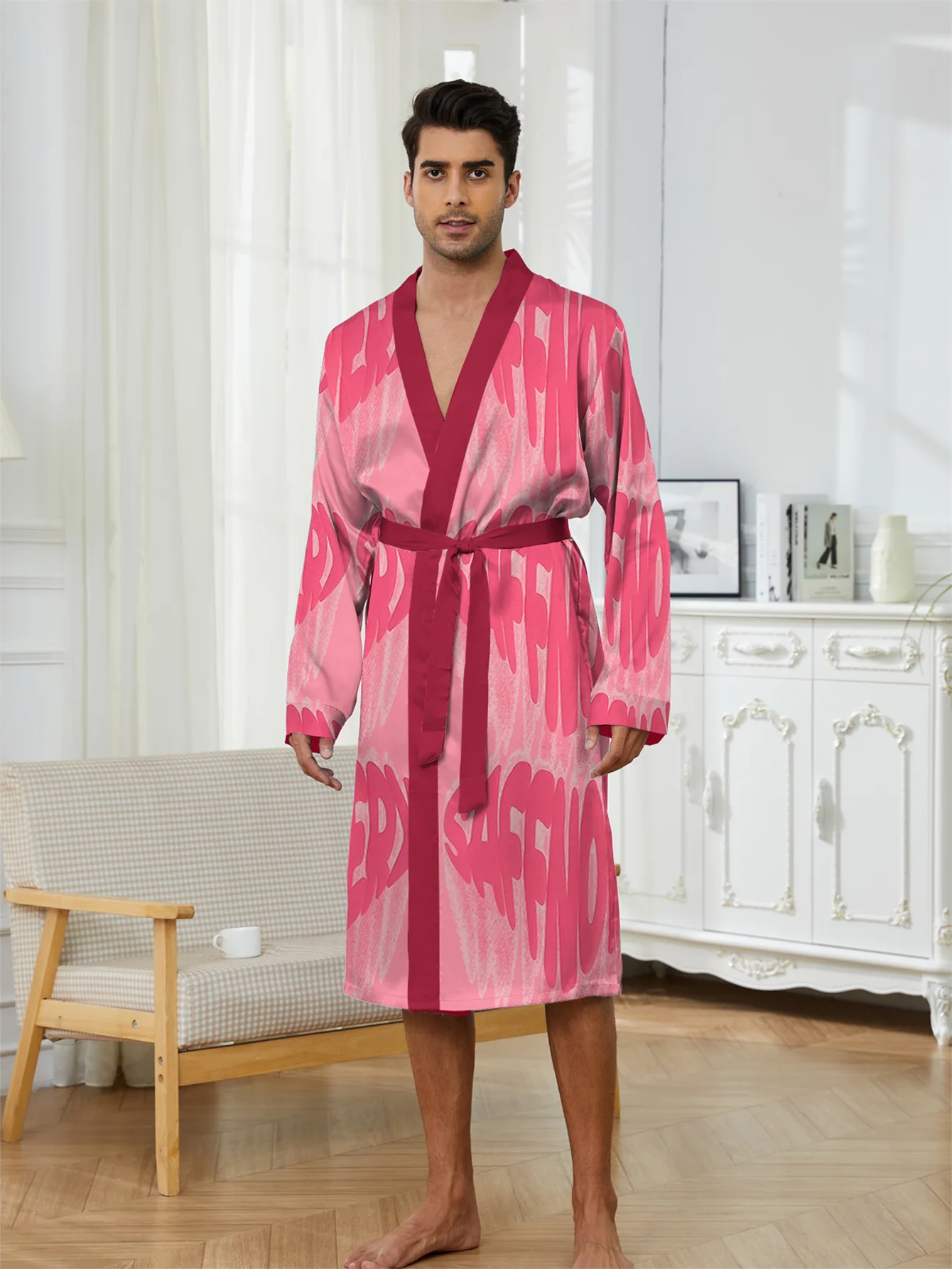 Men's Long Nightgown, digital printing, a must-have for leisure and entertainment at home, quick drying Men's bathrobe