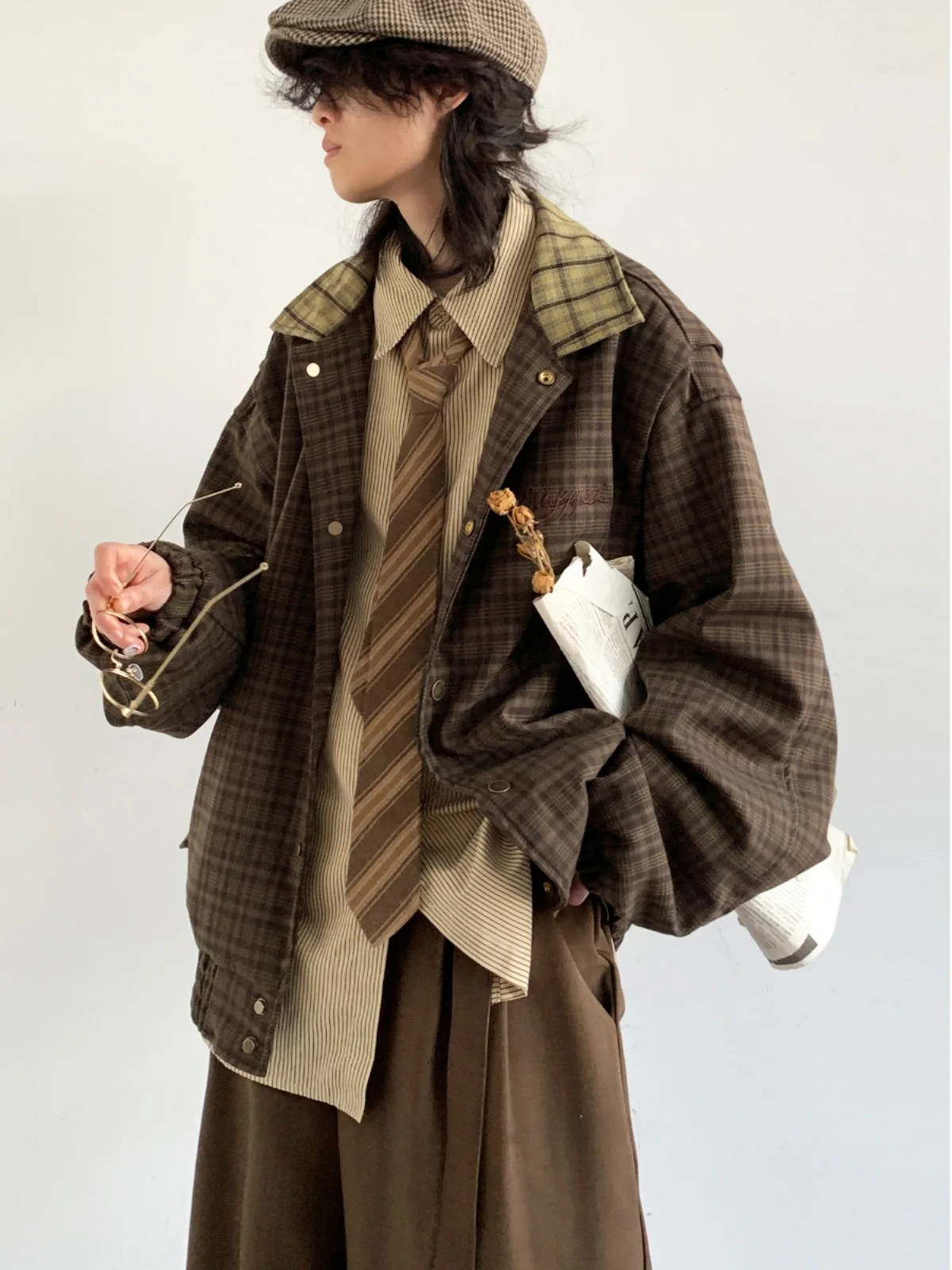 

Retro y Plaid Jaet Men's Casual Loose Stitching Autumn College Sle Splicing Jaet Youth Faion Long Sve Coat