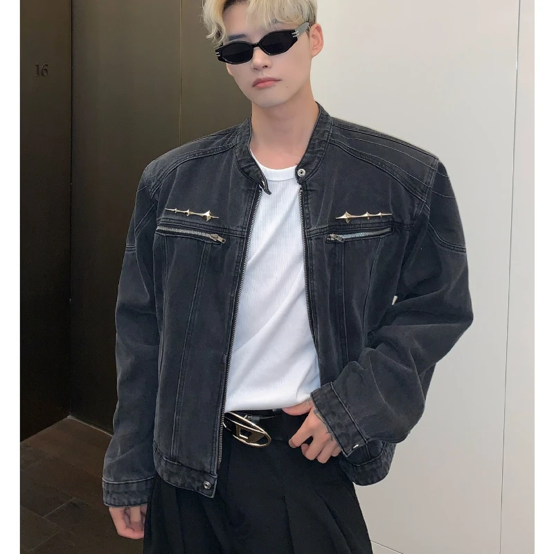 Y2K Denim Jacket Men Retro Padded Shoulder Streetwear High Street Punk Casual Short Jean Coat Fashion Student Clothing