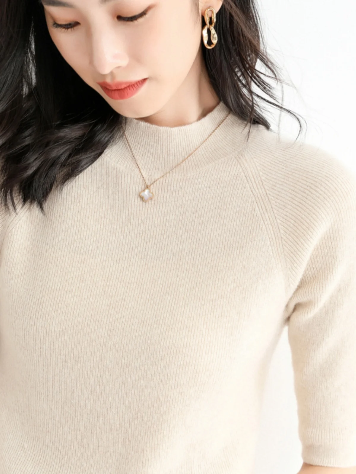 春の反季節ウールニットトップス レディース ラウンドネック スリムフィット カメレオン ファイブクォーター スリーブ ハイカラー