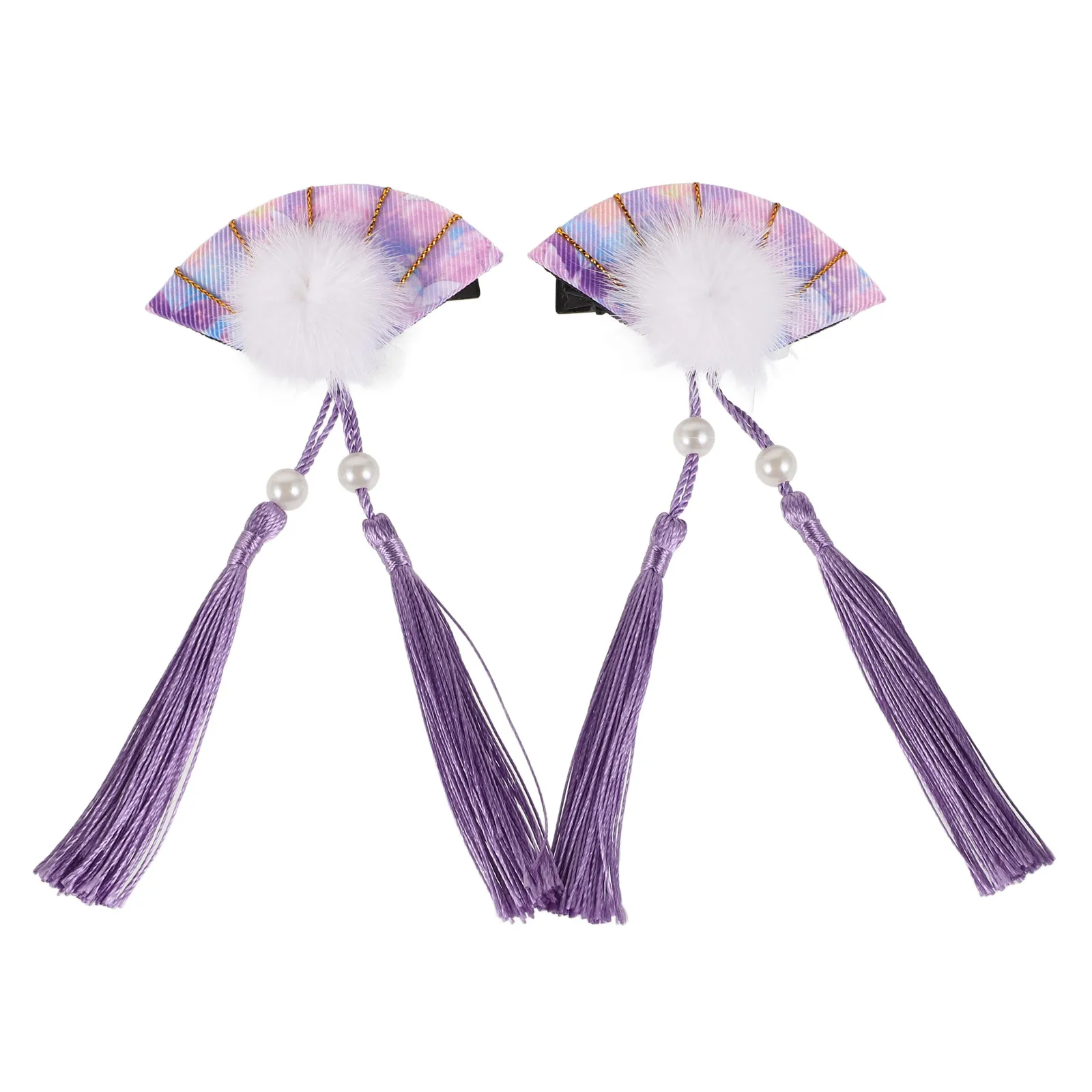 

2pcs Cherry Blossom Fan Hair Clip Handmade Women Girls Hairpin Elegant Cheongsam Accessories Purple Daily Wear Birthday Party