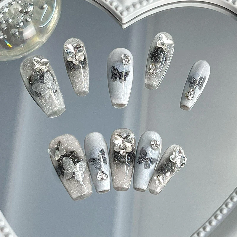 

10pcs/bag Sparkling Broken Diamond Effect Butterfly Medium Coffin Handmade Press On Nails Daily Style Detachable False Nails