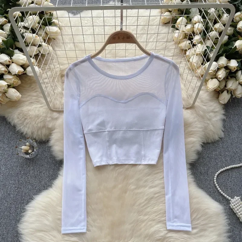 Women Chic sheer Mesh Patchwork Long Sleeve Crop Top Slim Sexy Korean T-shirt Fashion O Neck Autumn Women Shirt