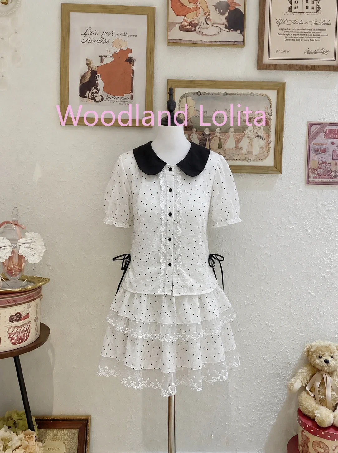 Summer Japanese Sweet Two Piece Set Women's Peter Pan Collar Single Breasted T Shirt + Lace Mini Skirt Cute Casual Polka Dot Set