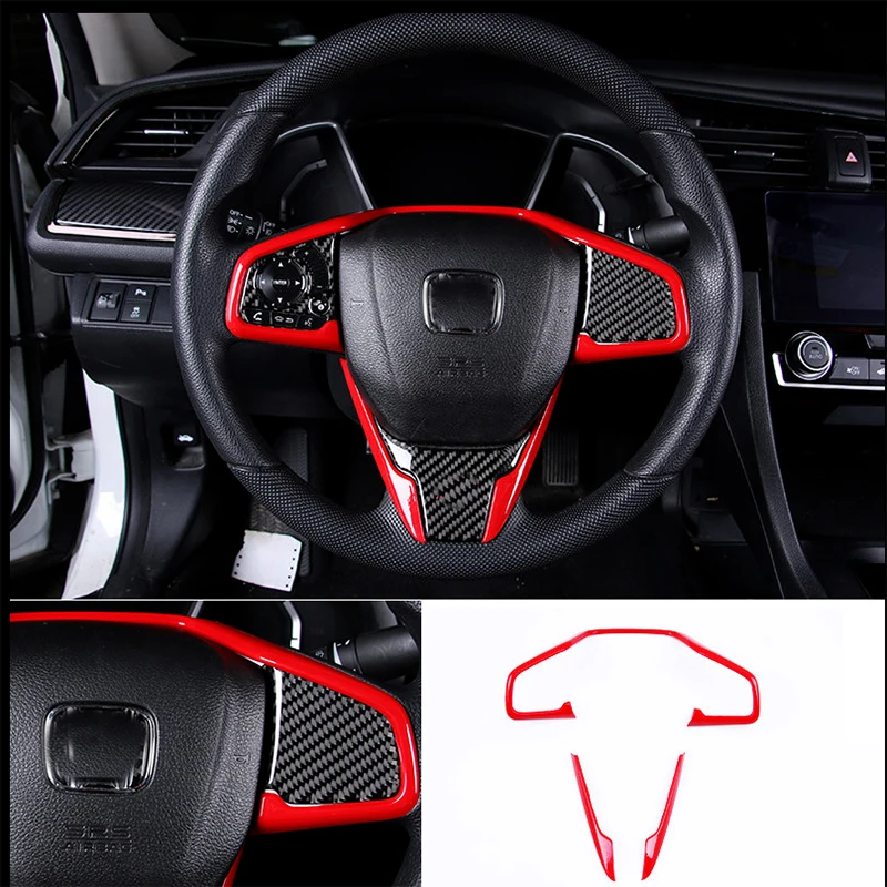 3Pcs/set Car Steering Wheel Cover Trim Red Auto Interior Remodeling Decoration Fit For Honda Civic 10th Gen 2016-2021